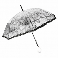 Głęboka przezroczysta parasolka damska z falbanką, koronka CZARNA