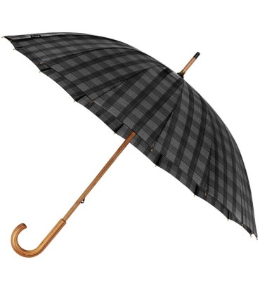 Szary manualny parasol w kratkę  Falcone, drewniana rączka 