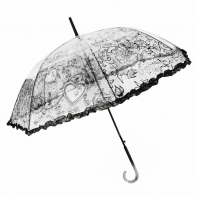 Głęboka przezroczysta parasolka damska z falbanką, koronka CZARNA