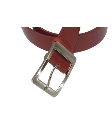Czerwony skórzany pasek damski z klasyczną klamrą marki Orsatti