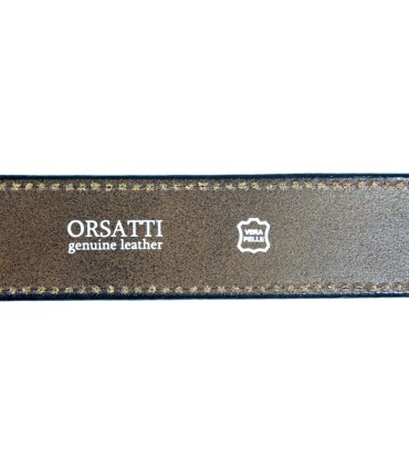 Brązowy pasek do dżinsów marki Orsatti z klasyczną klamrą, przeszycie
