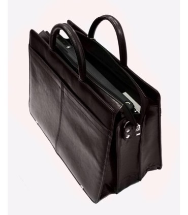 Teczka damska ze skóry naturalnej, trzykomorowa, ciemny brąz