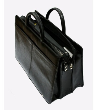 Teczka damska ze skóry naturalnej, trzykomorowa, czarna