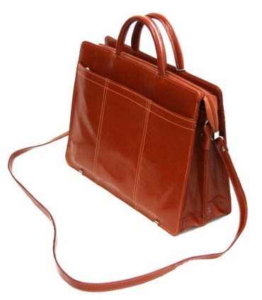 Teczka damska ze skóry naturalnej, dwukomorowa, koniakowa