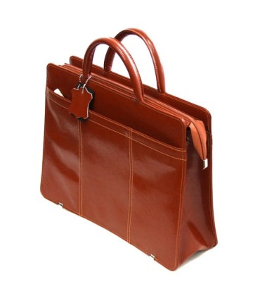 Teczka damska ze skóry naturalnej, jednokomorowa, koniakowa