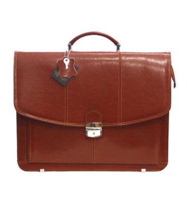 Teczka męska na laptopa ze skóry naturalnej, trzykomorowa, koniakowa
