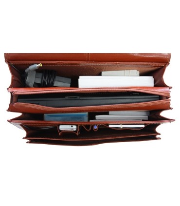 Teczka męska na laptopa ze skóry naturalnej, trzykomorowa, koniakowa