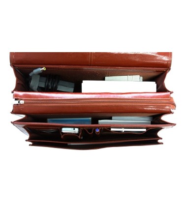 Teczka męska na laptopa ze skóry naturalnej, trzykomorowa, koniakowa