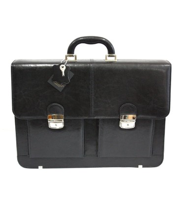 Teczka męska ze skóry naturalnej, dwukomorowa z dwiema kieszeniami, czarna