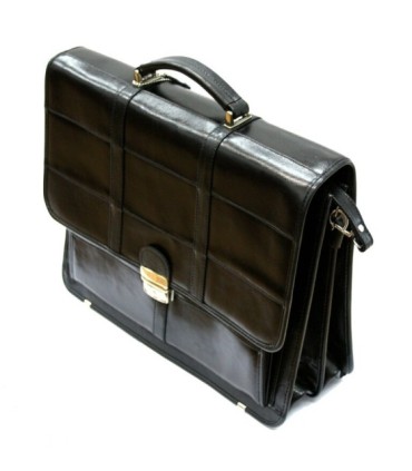 Bardzo praktyczna dwukomorowa skórzana teczka z paskiem, czarna