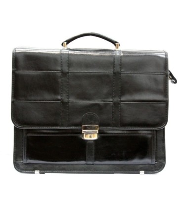 Bardzo praktyczna dwukomorowa skórzana teczka z paskiem, czarna