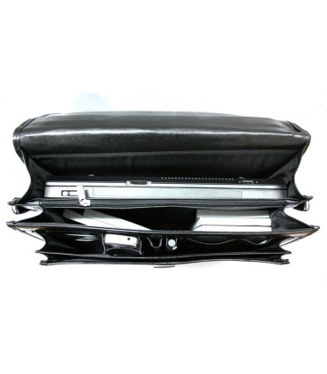 Bardzo praktyczna dwukomorowa skórzana teczka z paskiem, czarna