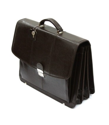 Teczka męska ze skóry naturalnej, trzykomorowa, ciemny brąz + pasek