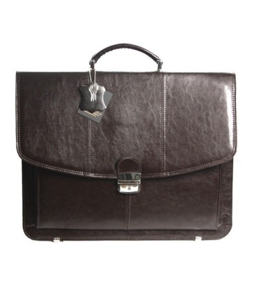 Teczka męska ze skóry naturalnej, trzykomorowa, ciemny brąz + pasek
