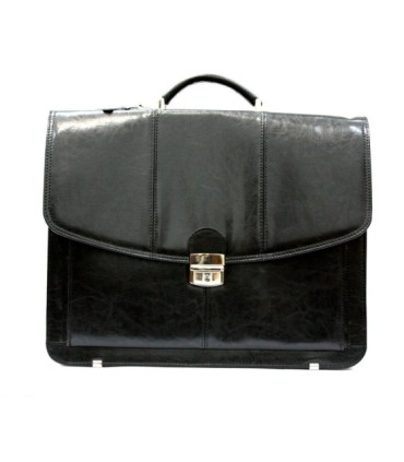 Skórzana teczka męska trzykomorowa, czarna, na laptopa z paskiem