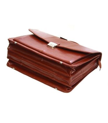 Trzykomorowa teczka męska na laptopa z paskiem ze skóry, koniakowa