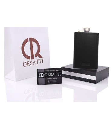 Skórzana Piersiówka Orsatti w drewnianym pudełku, kolor czarny 