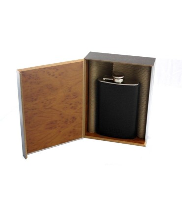 Skórzana Piersiówka Orsatti w drewnianym pudełku, kolor czarny 