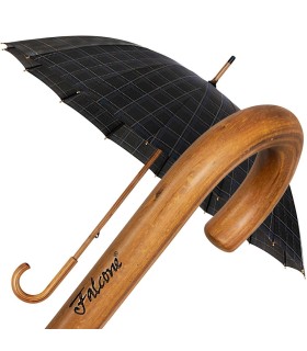 WYTRZYMAŁY ELEGANCKI PARASOL FALCONE, 16 BRYTÓW, DREWNIANA RĄCZKA, CZARNY W DELIKATNĄ KRATĘ