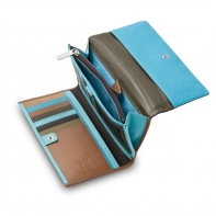 Skórzany duży portfel damski marki DuDu®, ciemny brąz + niebieski
