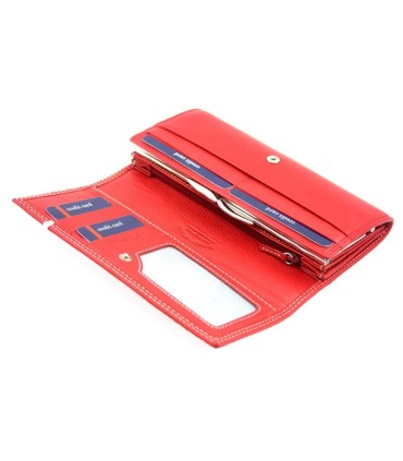 Elegancki portfel damski Harvey Miller czerwony z paskiem, skórzany