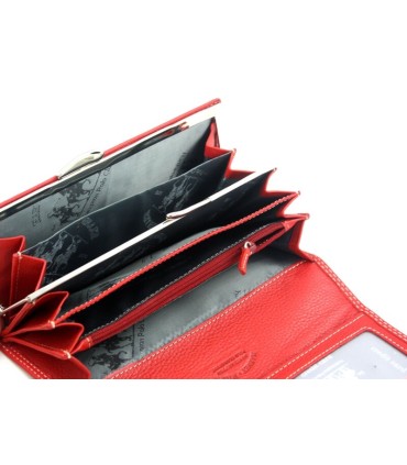 Elegancki portfel damski Harvey Miller czerwony z paskiem, skórzany