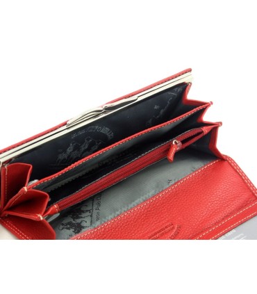 Elegancki portfel damski Harvey Miller czerwony z paskiem, skórzany