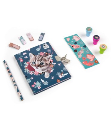 PAMIĘTNIK Z KŁÓDKĄ KOTEK KIDEA STEMPELKI OŁÓWEK NAKLEJKI KARTECZKI SAMOPRZYLEPNE
