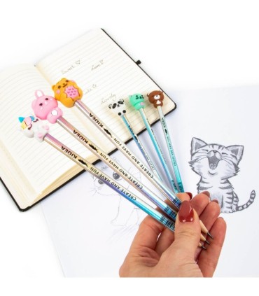  Ołówek z holograficzną obudową i z figurką zwierzaczkiem KIDEA - 6 sztuk