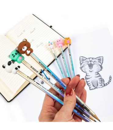  Ołówek z holograficzną obudową i z figurką zwierzaczkiem KIDEA - 6 sztuk