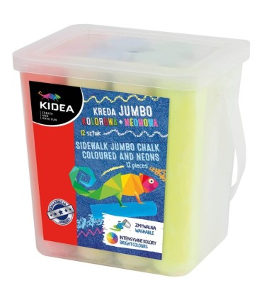 Kolorowa + neonowa kreda chodnikowa gruba Jumbo KIDEA w wiaderku - 12 sztuk