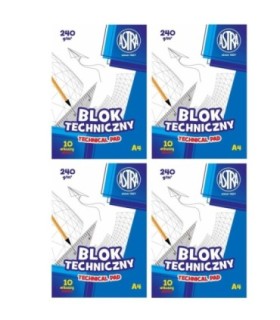 4 szt. x Blok techniczny Astra A4 240g/m2 10 białych arkuszy