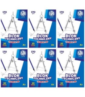 6x Blok techniczny biały A3 ASTRA 10 arkuszy 170g