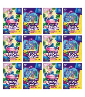 12× Blok techniczny kolorowy ASTRA A4 170g 10 kartek – intensywne kolory
