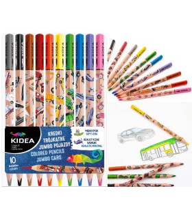 Grube kredki trójkątne Jumbo z rysunkami pojazdów Kidea 10 kolorów