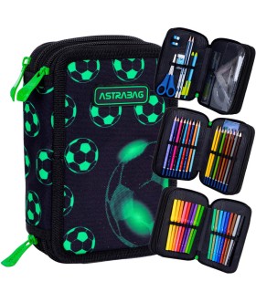 Trzykomorowy piórnik z wyposażeniem ASTRABAG JUMBO NEO FOOTBALL