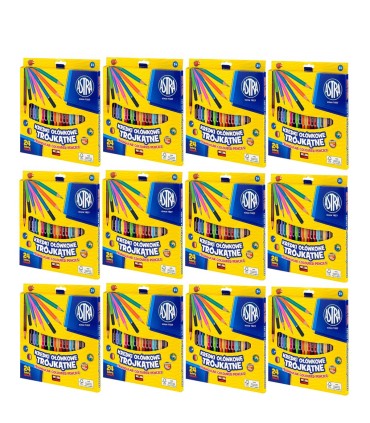 Zestaw 12× kredki ołówkowe trójkątne Astra, 24 kolory, gratis temperówki