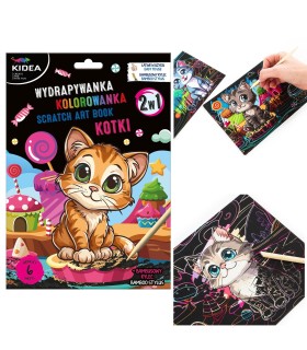 Wydrapywanka + kolorowanka 6 arkuszy + rylec KIDEA KOTKI