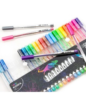 Zestaw 24 długopisów żelowych ze skuwkami w etui KIDEA 24 kolory