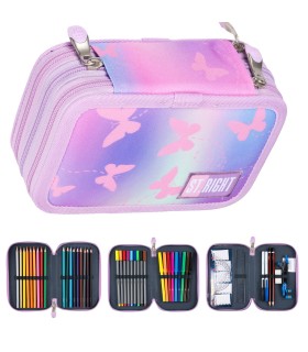 Piórnik trzykomorowy z wyposażeniem St.Right PINK BUTTERFLIES