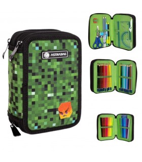 Trzykomorowy piórnik z wyposażeniem ASTRABAG JUMBO PIXEL ONE