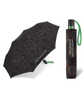 Automatyczna parasolka do torebki 29 cm BENETTON czarna w kółka i serduszka