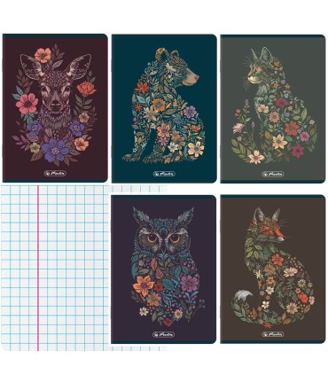 5 SZT. X ZESZYT A5, 32 KARTKI, KRATKA Z MARGINESEM, FLORAL ANIMALS, HERLITZ