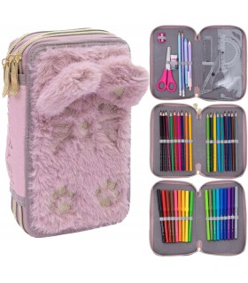 Trzykomorowy piórnik z wyposażeniem ASTRABAG JUMBO FLUFFY KITTY PINK z pluszem i uszami